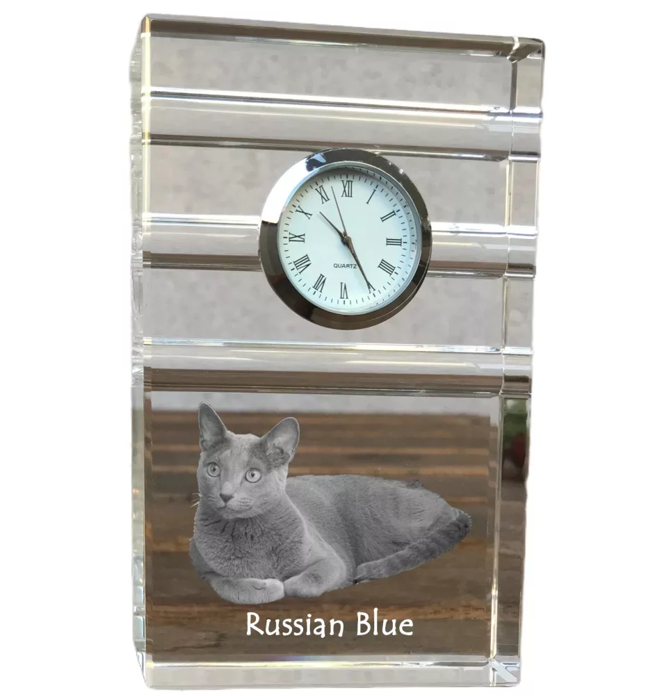 Russisch Blau - Glasuhr mit Foto, Katzenfoto im Kristall, personalisierte Standuhr für das Büro der Marke Art-Dog