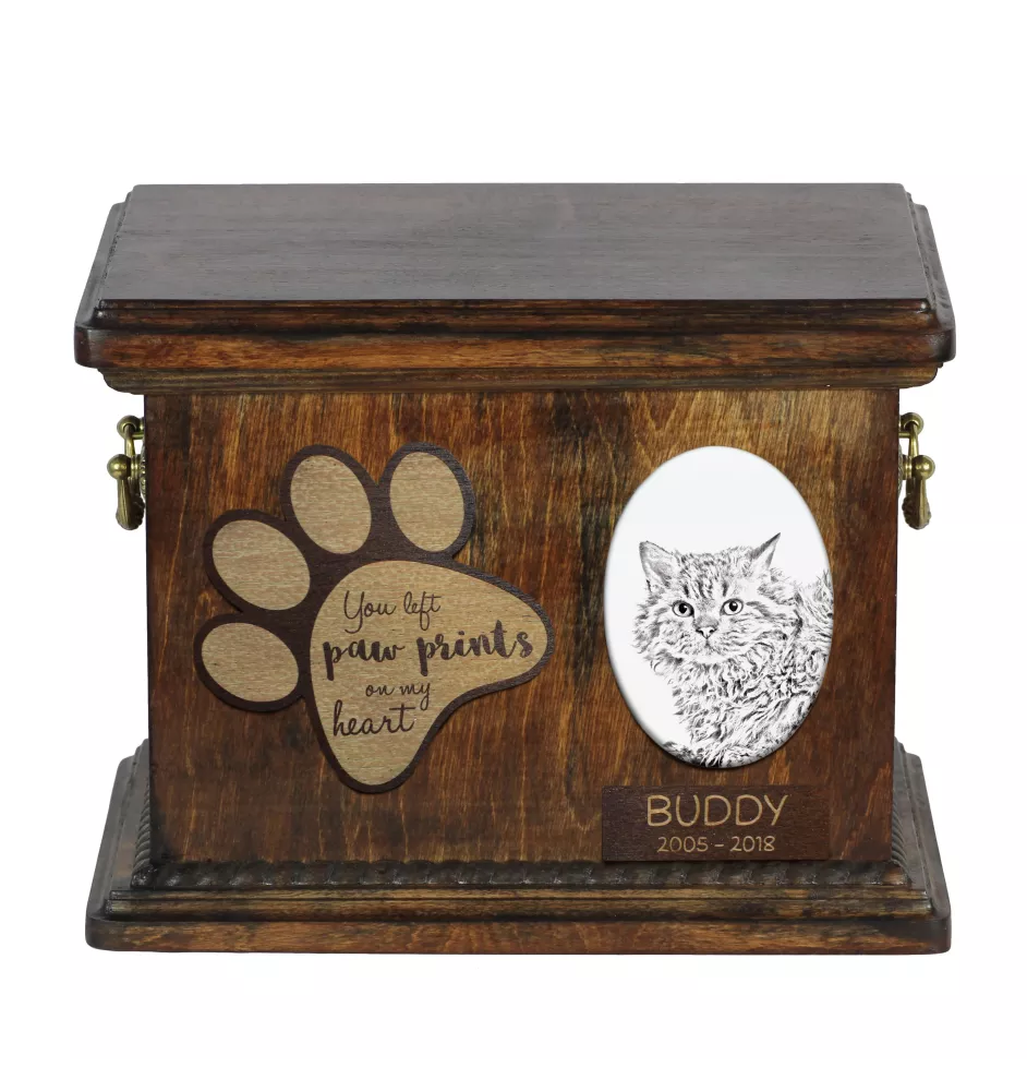 Selkirk Rex Katze I - Eine Urne für die Asche einer Katze, eine Urne für eine Katze mit Foto, eine personalisierte Katzenasche-Box der Marke Art-Dog.