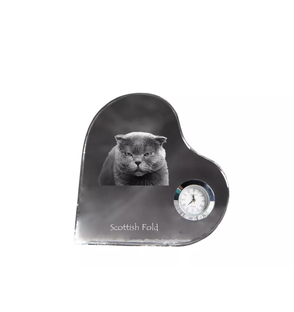 Scottish Fold - crystal clock with a picture of a cat, heart-shaped shelf clock, personalized standing clock by Art-Dog brand