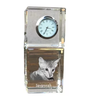 Savannah - crystal clock with a photo, photo of a cat in crystal, personalized desk clock by Art-Dog brand