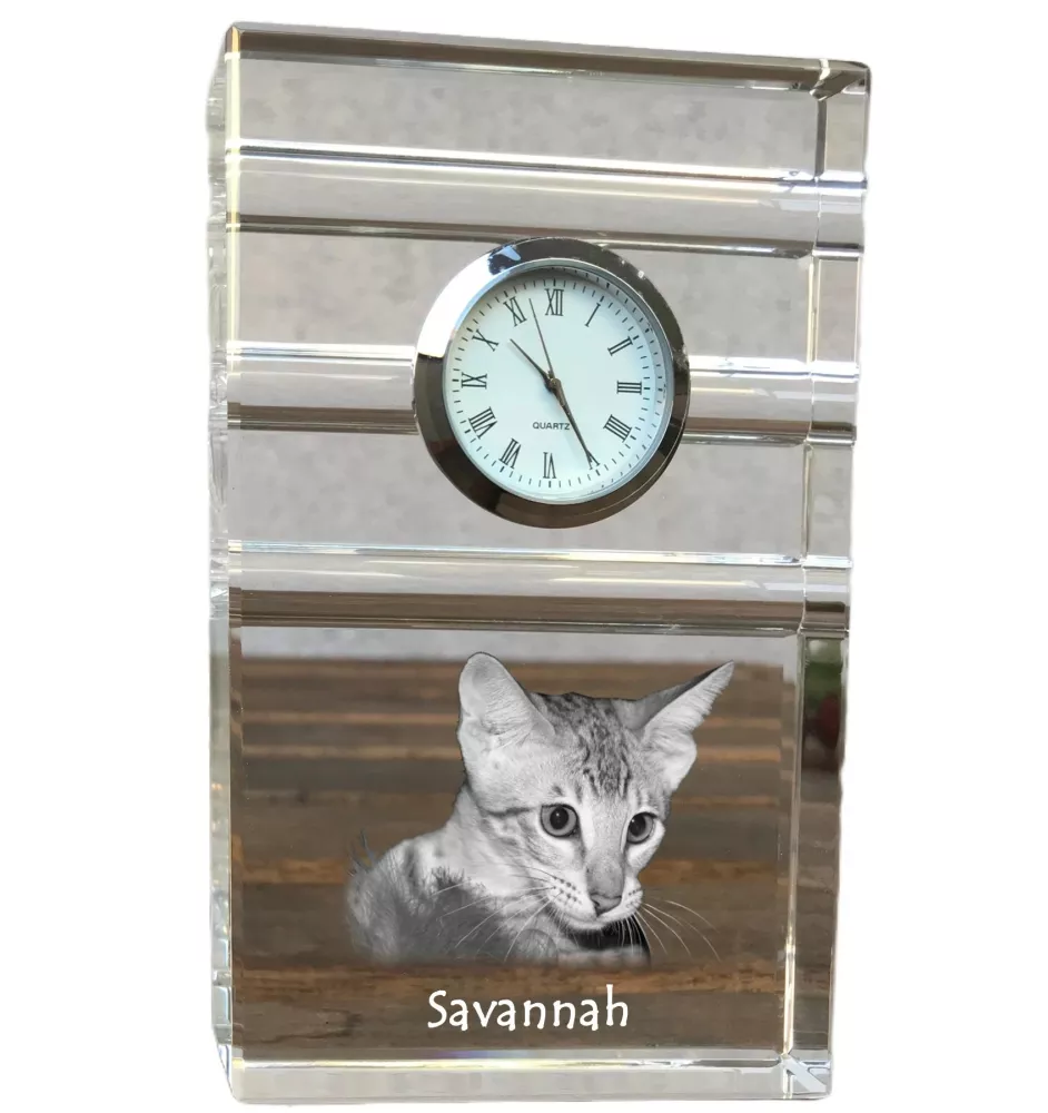 Savanne - Glasuhr mit Foto, Katzenfoto im Kristall, personalisierte Standuhr für das Büro der Marke Art-Dog