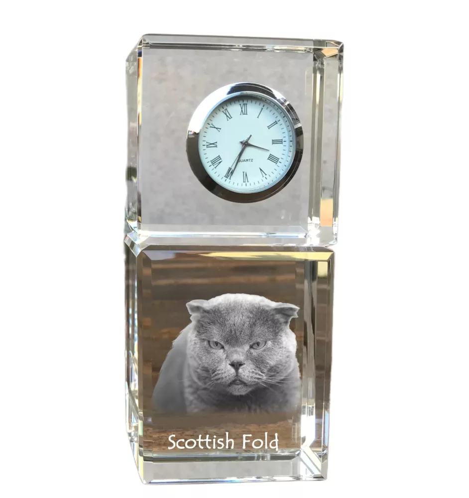 Scottish Fold - crystal clock with a photo, photo of a cat in crystal, personalized desk clock by Art-Dog brand