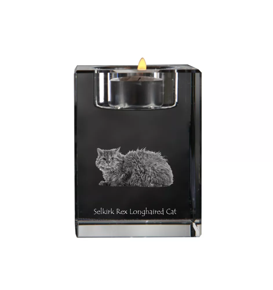 Chat Selkirk Rex à poil long - Bougeoir avec photo de chat, porte bougie en cristal, cadeau personnalisé par la marque Art-Dog