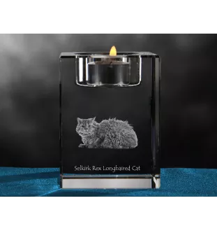Chat Selkirk Rex à poil long - Bougeoir avec photo de chat, porte bougie en cristal, cadeau personnalisé par la marque Art-Dog