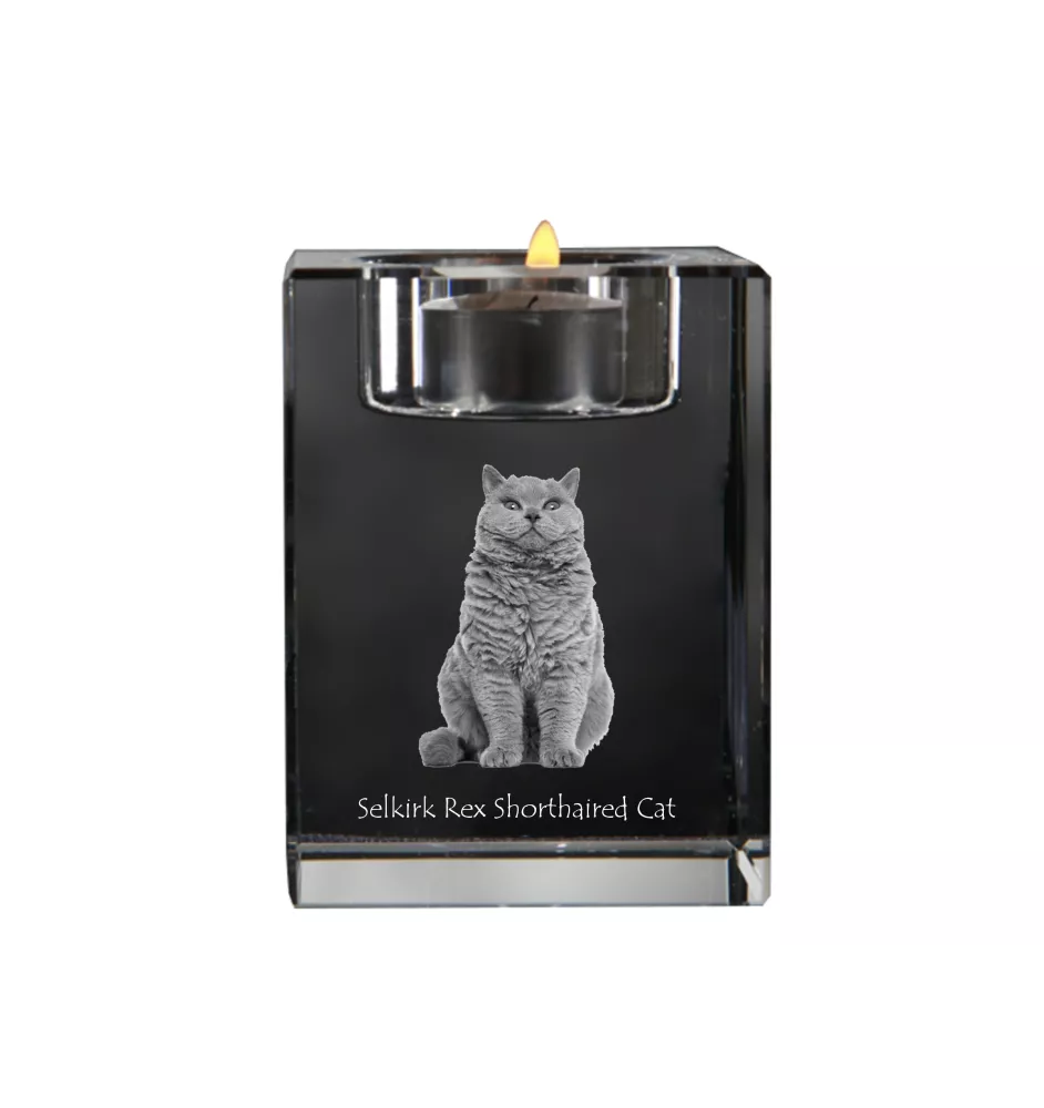 Selkirk Rex Katze Kurzhaar - Kerzenhalter mit Katzenfoto, Teelichthalter aus Kristall, personalisiertes Geschenk der Marke Art-Dog