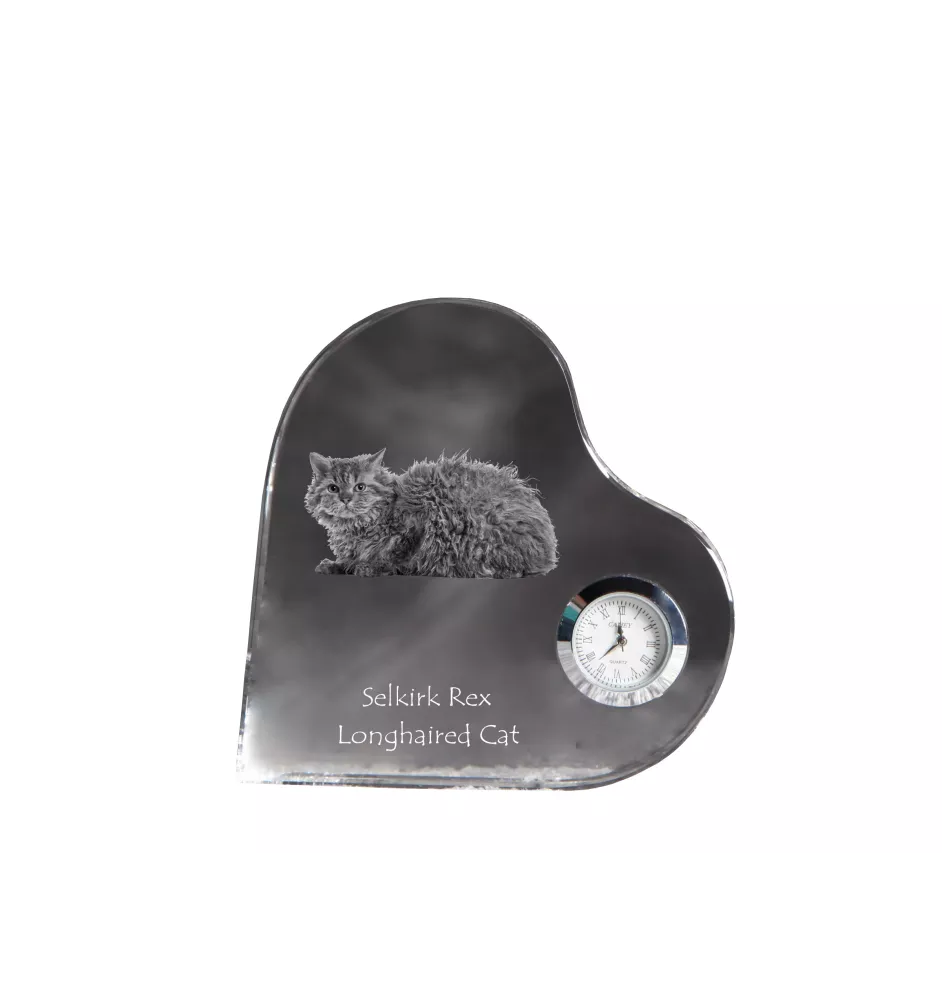 Selkirk Rex Cat Longhaired - crystal clock with a picture of a cat, heart-shaped shelf clock, personalized standing clock by Art-Dog brand