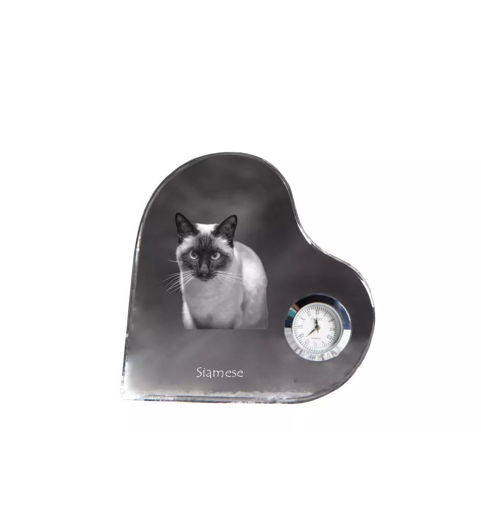 Siamese - crystal clock with a picture of a cat, heart-shaped shelf clock, personalized standing clock by Art-Dog brand
