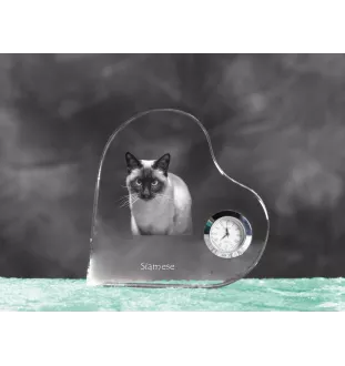 Siamese - crystal clock with a picture of a cat, heart-shaped shelf clock, personalized standing clock by Art-Dog brand