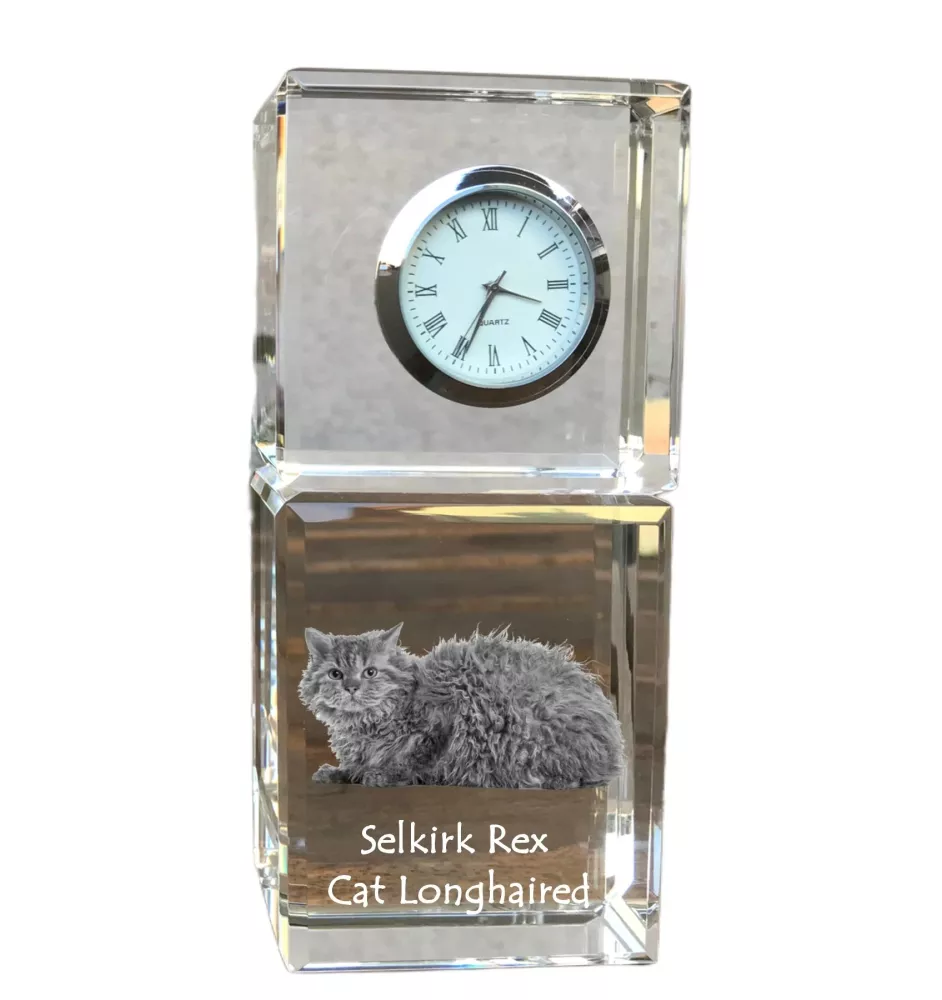 Selkirk Rex Cat Longhaired - crystal clock with a photo, photo of a cat in crystal, personalized desk clock by Art-Dog brand
