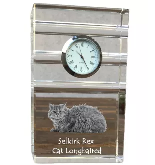 Chat Selkirk Rex à poil long - une horloge en verre avec une photo, une photo de chat dans un cristal, une horloge de bureau personnalisée de la marque Art-Dog