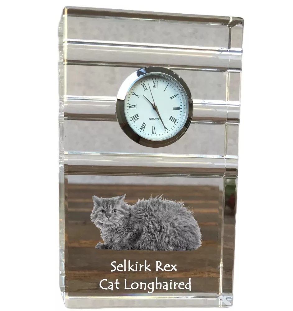 Chat Selkirk Rex à poil long - une horloge en verre avec une photo, une photo de chat dans un cristal, une horloge de bureau personnalisée de la marque Art-Dog