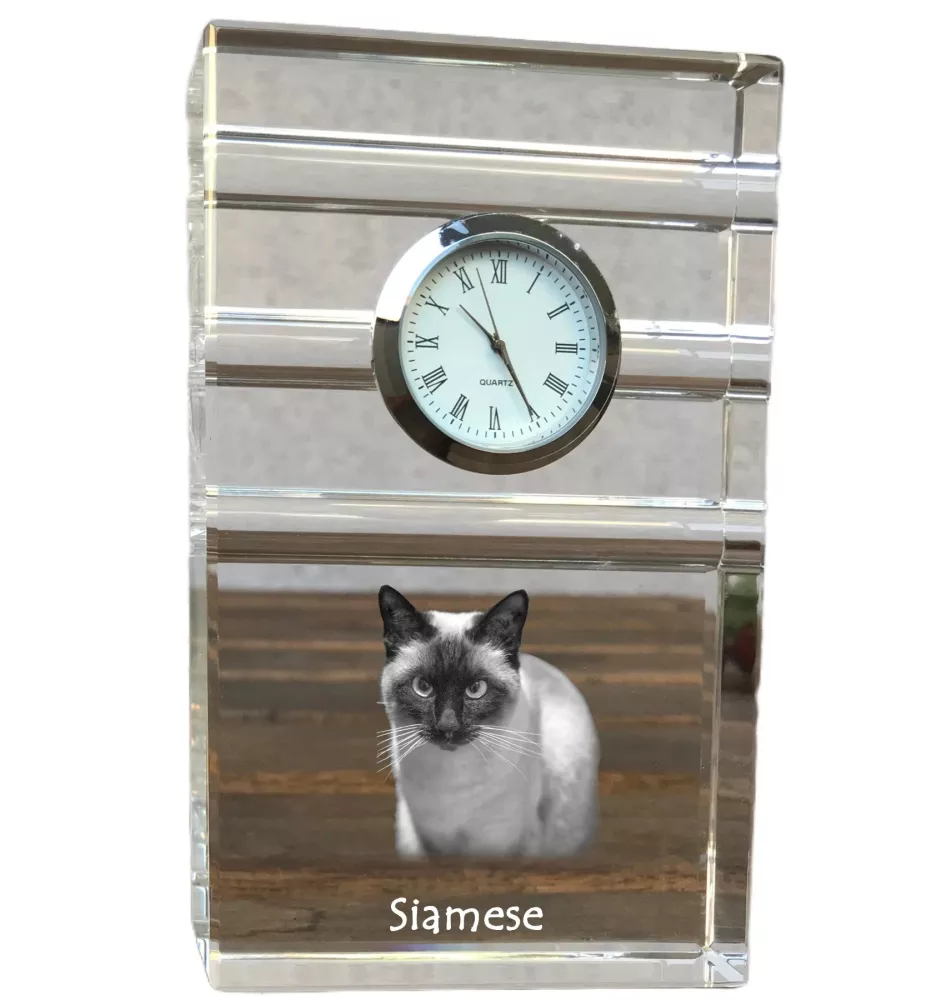 Siamese - glass clock with a photo, photo of a cat in crystal, personalized standing office clock by Art-Dog brand