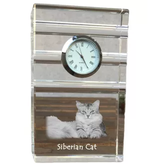 Chat de Sibérie - une horloge en verre avec une photo, une photo de chat dans un cristal, une horloge de bureau personnalisée de la marque Art-Dog