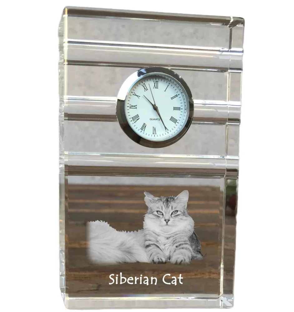 Siberian Cat - glass clock with a photo, photo of a cat in crystal, personalized standing office clock by Art-Dog brand