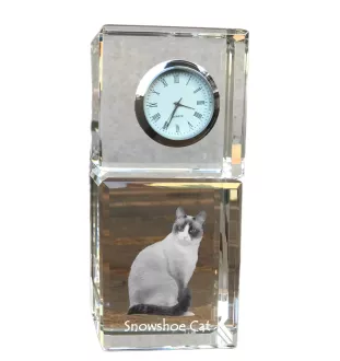 Schneeschuh-Katze - Kristalluhr mit Bild, Katzenbild im Kristall, personalisierte Schreibtischuhr von Art-Dog.