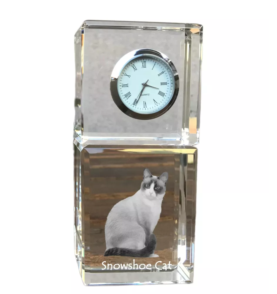 Schneeschuh-Katze - Kristalluhr mit Bild, Katzenbild im Kristall, personalisierte Schreibtischuhr von Art-Dog.