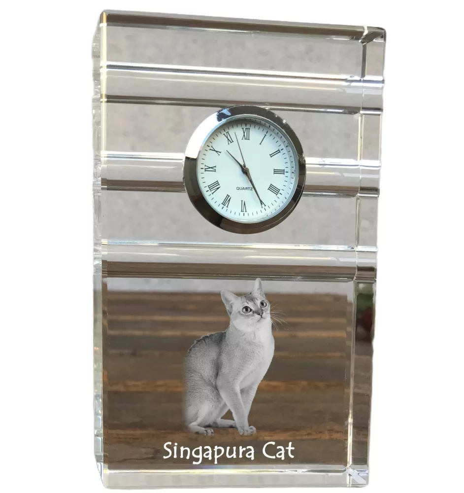 Singapura Cat - glass clock with a photo, photo of a cat in crystal, personalized standing office clock by Art-Dog brand