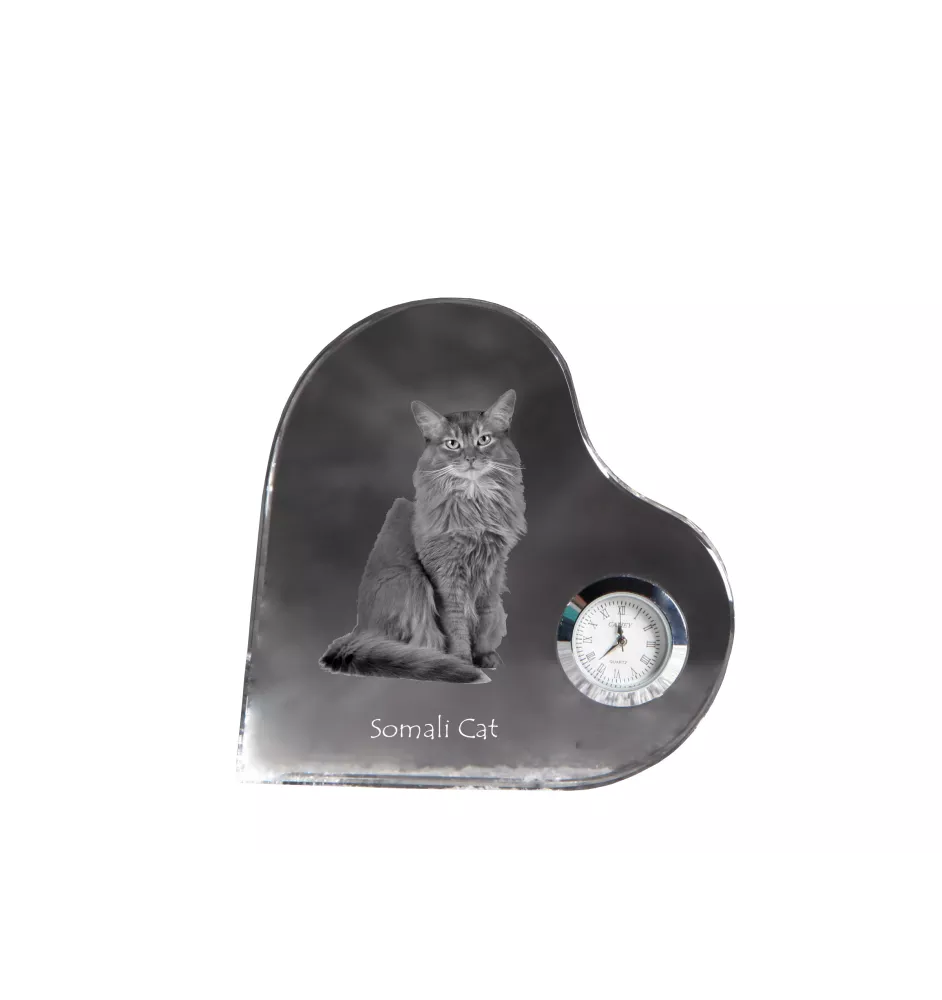 Somali Cat - crystal clock with a picture of a cat, heart-shaped shelf clock, personalized standing clock by Art-Dog brand
