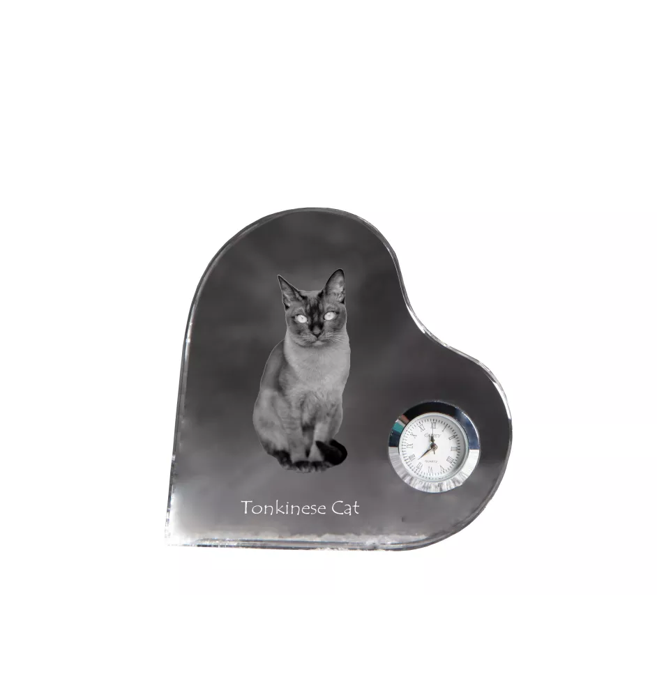 Tonkinese Cat - crystal clock with a picture of a cat, heart-shaped shelf clock, personalized standing clock by Art-Dog brand