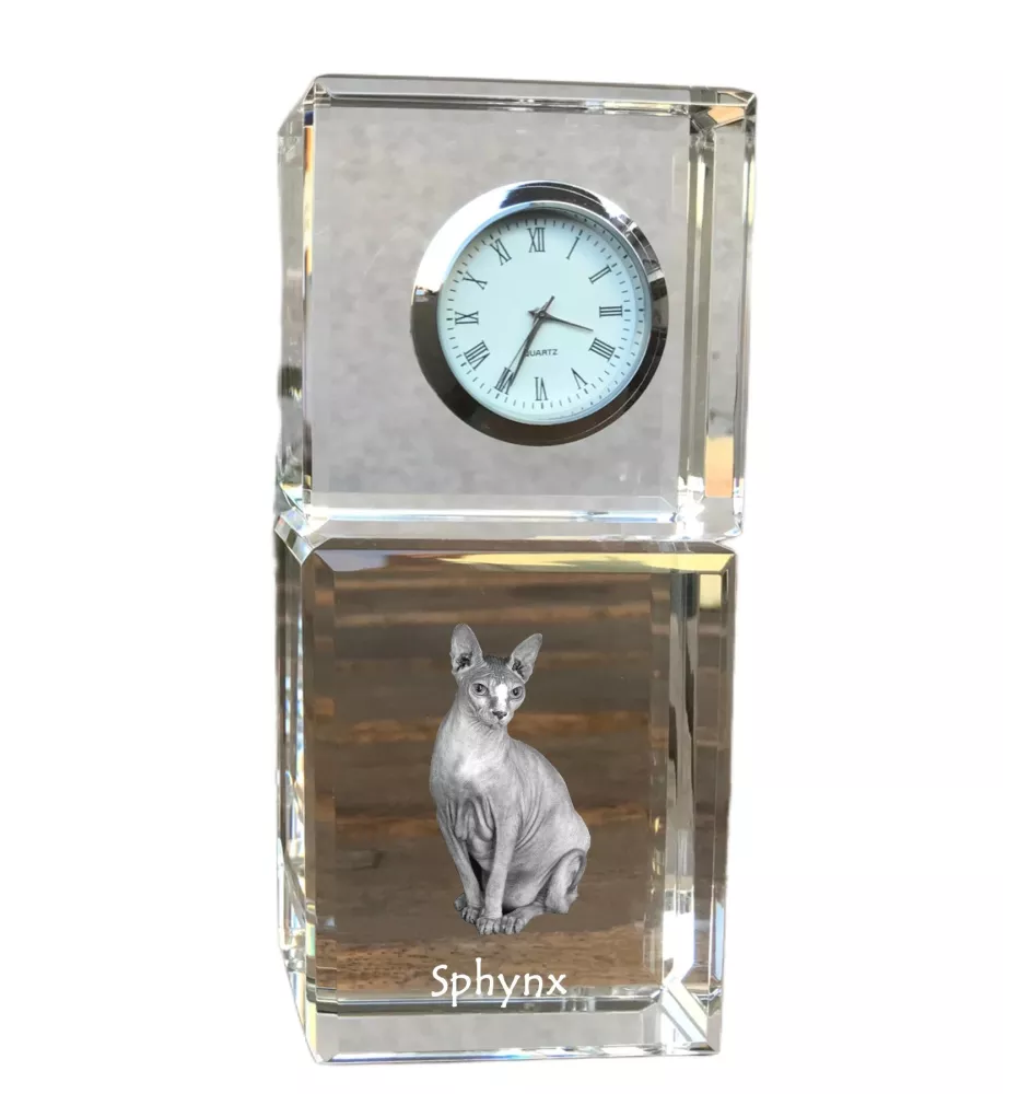 Sphynx - crystal clock with a photo, photo of a cat in crystal, personalized desk clock by Art-Dog brand