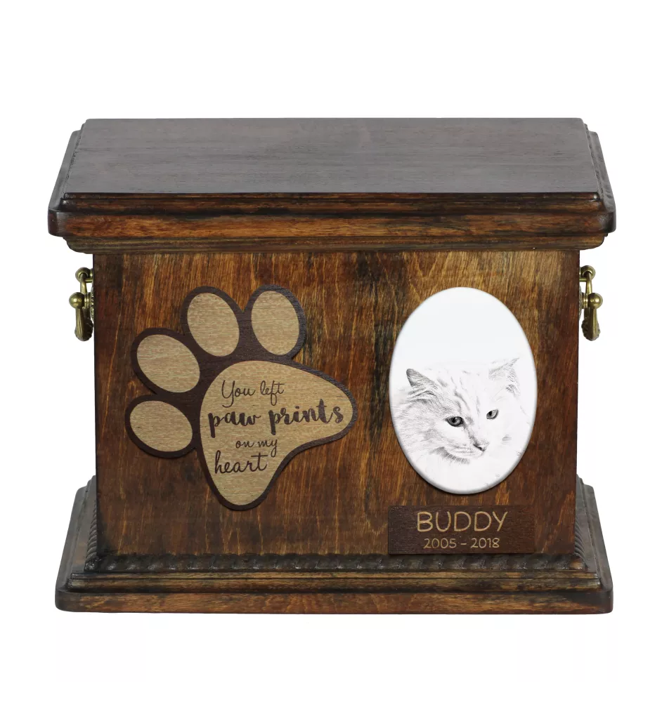 Türkisch Angorakatze - Eine Urne für die Asche einer Katze, eine Urne für eine Katze mit Foto, eine personalisierte Katzenasche-Box der Marke Art-Dog.
