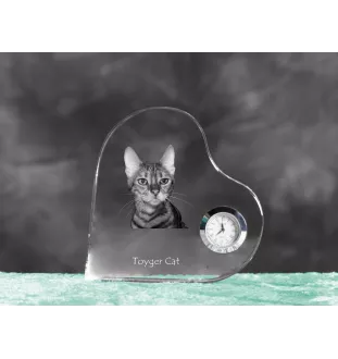 Toyger Cat - crystal clock with a picture of a cat, heart-shaped shelf clock, personalized standing clock by Art-Dog brand