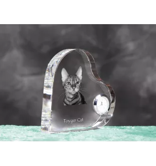 Toyger Cat - crystal clock with a picture of a cat, heart-shaped shelf clock, personalized standing clock by Art-Dog brand