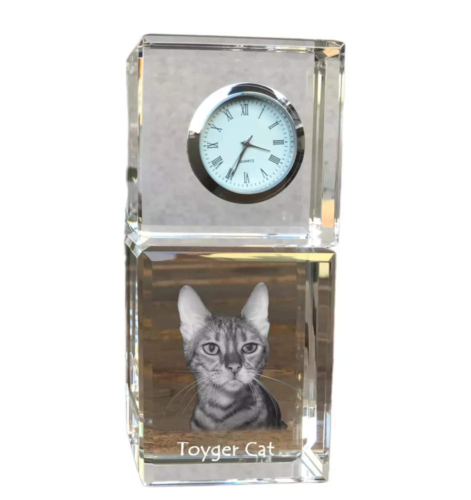 Toyger Katze - Kristalluhr mit Bild, Katzenbild im Kristall, personalisierte Schreibtischuhr von Art-Dog.