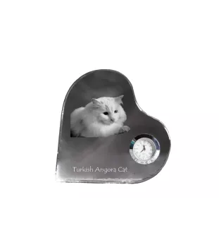 Turkish Angora Cat - crystal clock with a picture of a cat, heart-shaped shelf clock, personalized standing clock by Art-Dog brand