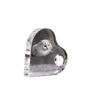 Turkish Angora Cat - crystal clock with a picture of a cat, heart-shaped shelf clock, personalized standing clock by Art-Dog brand