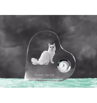Turkish Van Cat - crystal clock with a picture of a cat, heart-shaped shelf clock, personalized standing clock by Art-Dog brand