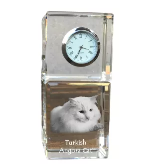 Turkish Angora Cat - crystal clock with a photo, photo of a cat in crystal, personalized desk clock by Art-Dog brand