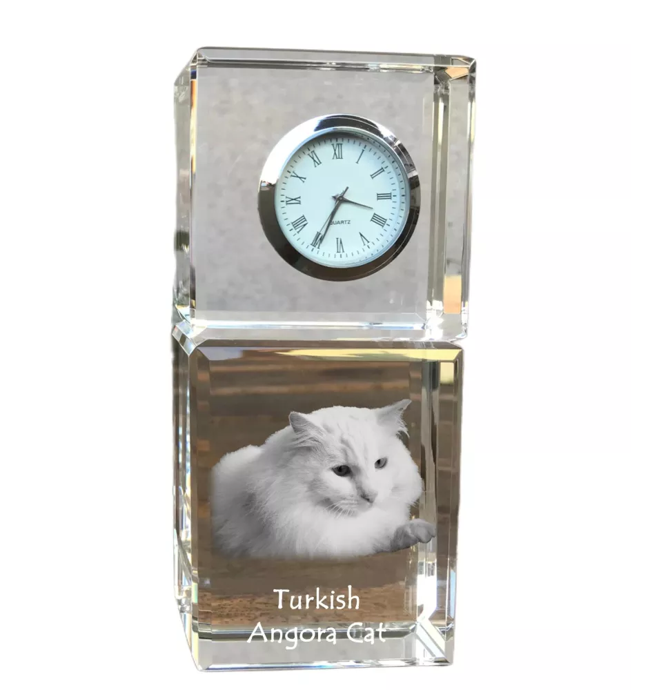 Turkish Angora Cat - crystal clock with a photo, photo of a cat in crystal, personalized desk clock by Art-Dog brand