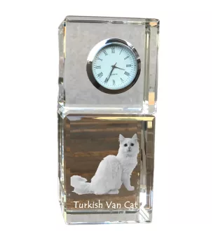 Turkish Van Cat - crystal clock with a photo, photo of a cat in crystal, personalized desk clock by Art-Dog brand