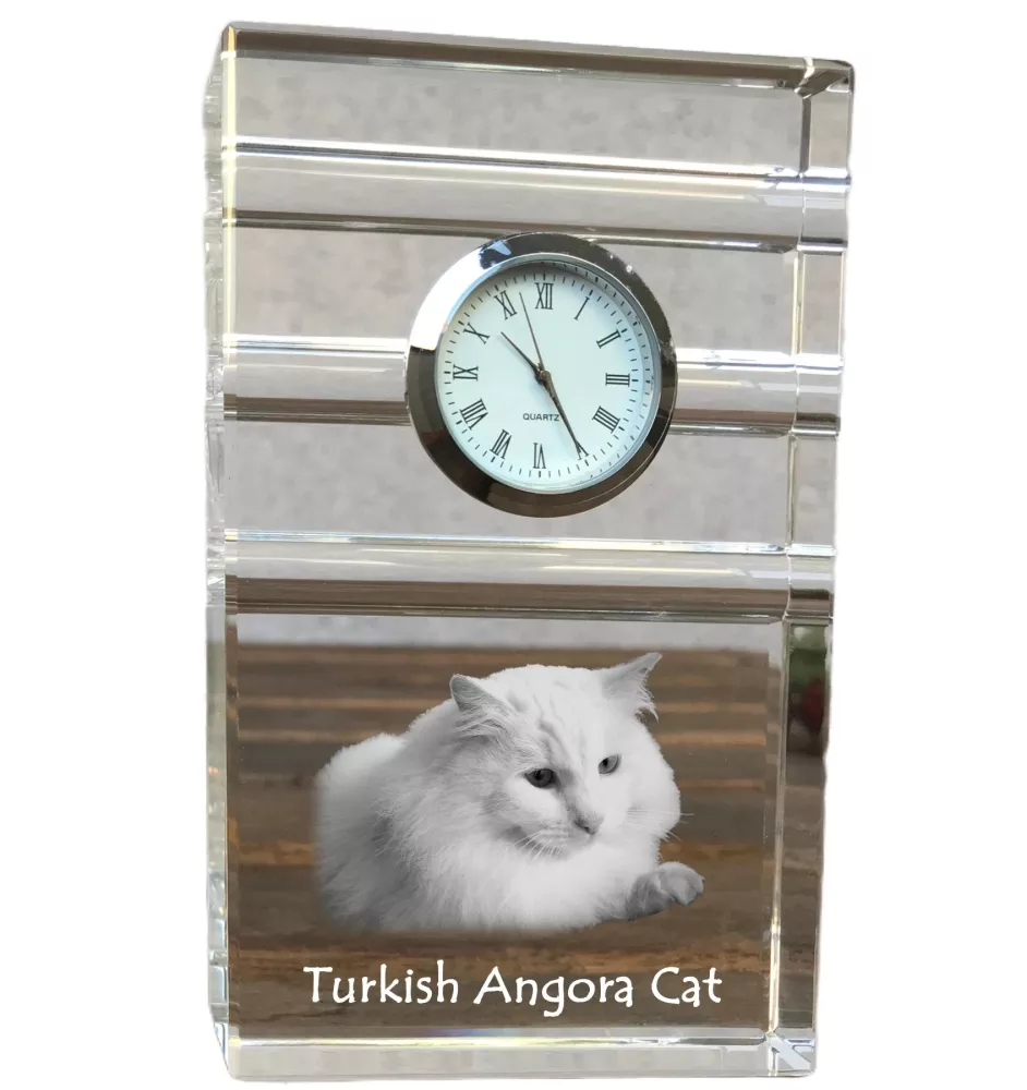 Türkisch Angorakatze - Glasuhr mit Foto, Katzenfoto im Kristall, personalisierte Standuhr für das Büro der Marke Art-Dog