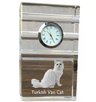 Türkisch Van Katze - Glasuhr mit Foto, Katzenfoto im Kristall, personalisierte Standuhr für das Büro der Marke Art-Dog