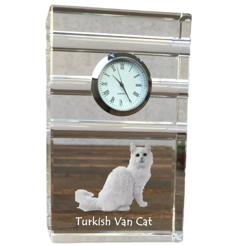 Türkisch Van Katze - Glasuhr mit Foto, Katzenfoto im Kristall, personalisierte Standuhr für das Büro der Marke Art-Dog