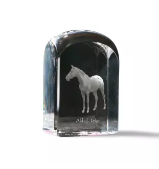 Akhal-Teke - crystal cube with a photo, photo of a horse in crystal, cubic paperweight from Art-Dog brand