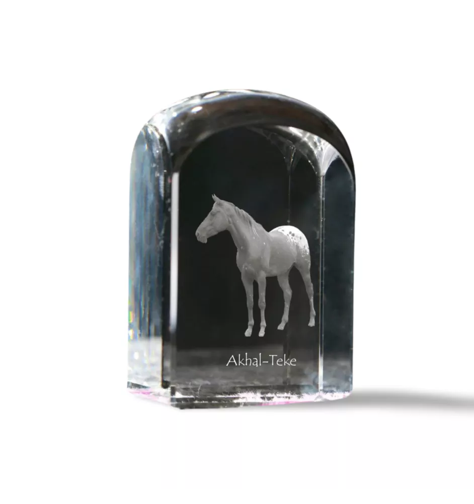 Akhal-Teke - crystal cube with a photo, photo of a horse in crystal, cubic paperweight from Art-Dog brand
