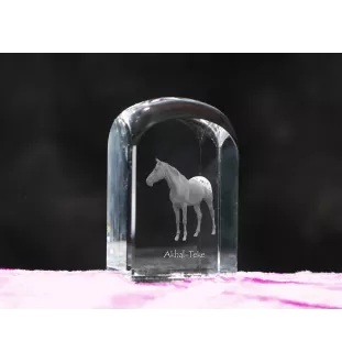 Akhal-Teke - crystal cube with a photo, photo of a horse in crystal, cubic paperweight from Art-Dog brand