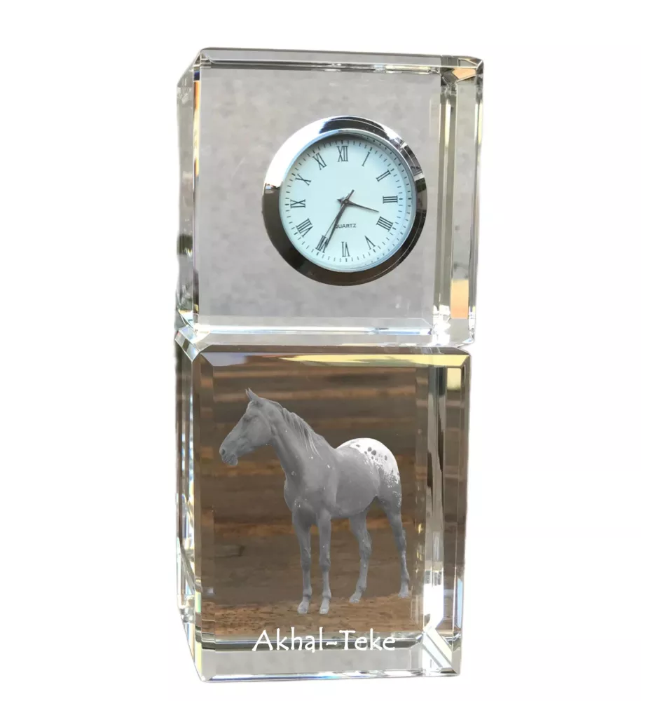 Akhal-Teke - Kristalluhr mit Bild, Pferdebild im Kristall, personalisierte Schreibtischuhr der Marke Art-Dog