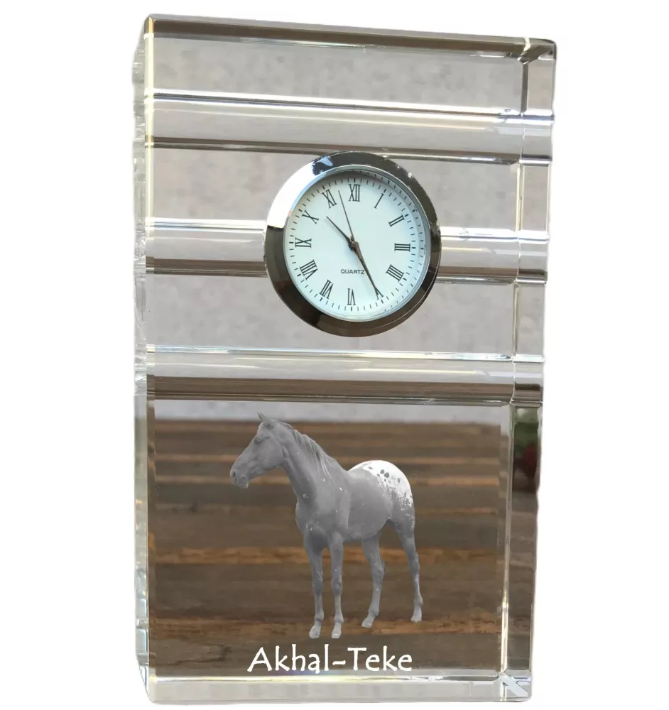 Akhal-Teke - glass clock with a photo, photo of a horse in crystal, personalized standing office clock by Art-Dog brand