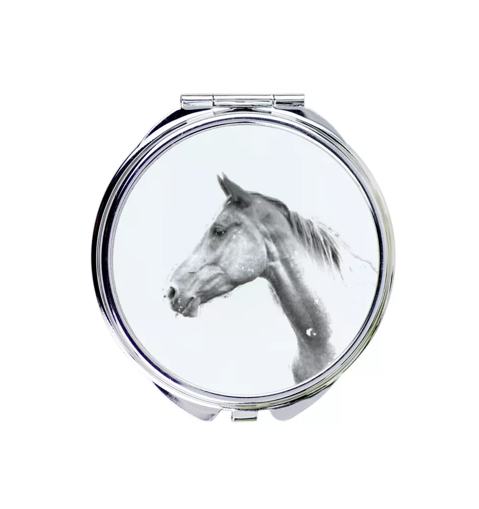 Akhal-Teke - Taschenspiegel mit Pferd, personalisierter Taschenspiegel, kompakter Spiegel mit Art-Dog-Logo