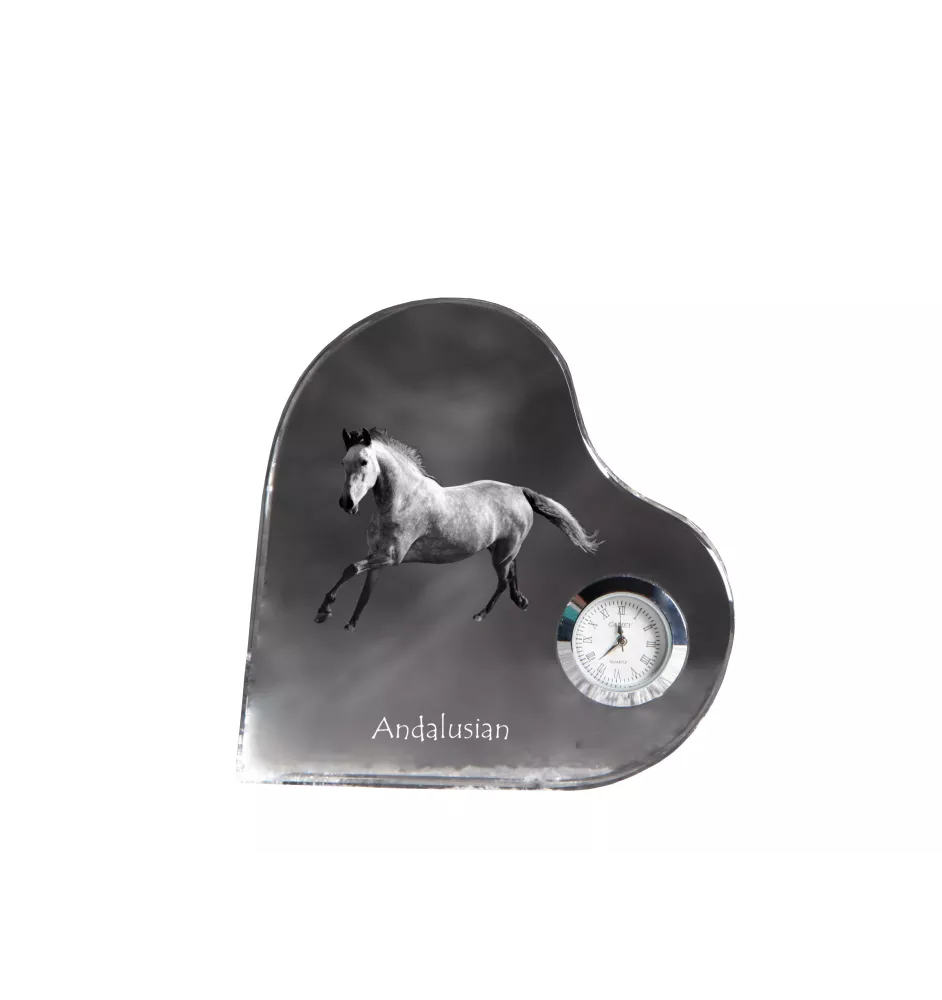Andalusier - Kristalluhr mit einem Pferdebild, Herzregal-Uhr, personalisierte Standuhr der Marke Art-Dog