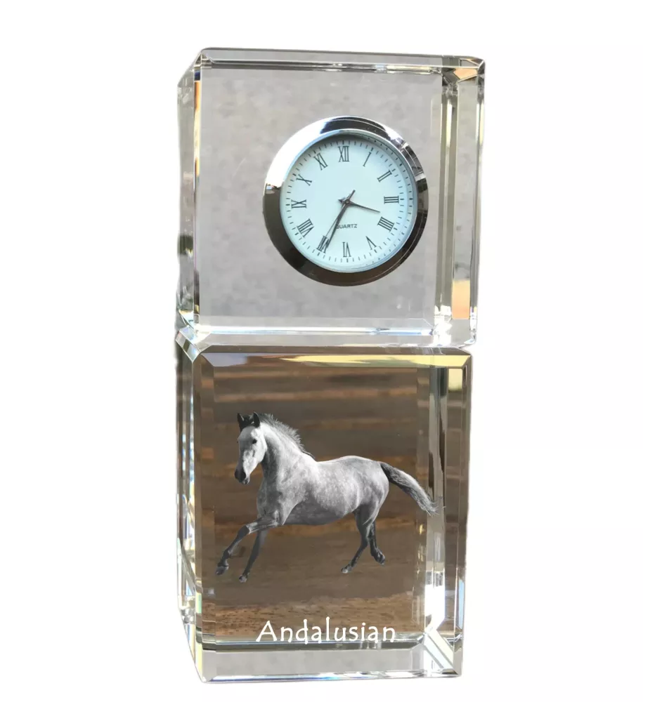 Andalusian - crystal clock with a photo, photo of a horse in crystal, personalized desk clock by Art-Dog brand