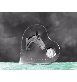 Australian Stock Horse - crystal clock with a picture of a horse, heart-shaped shelf clock, personalized standing clock by Art-Dog brand