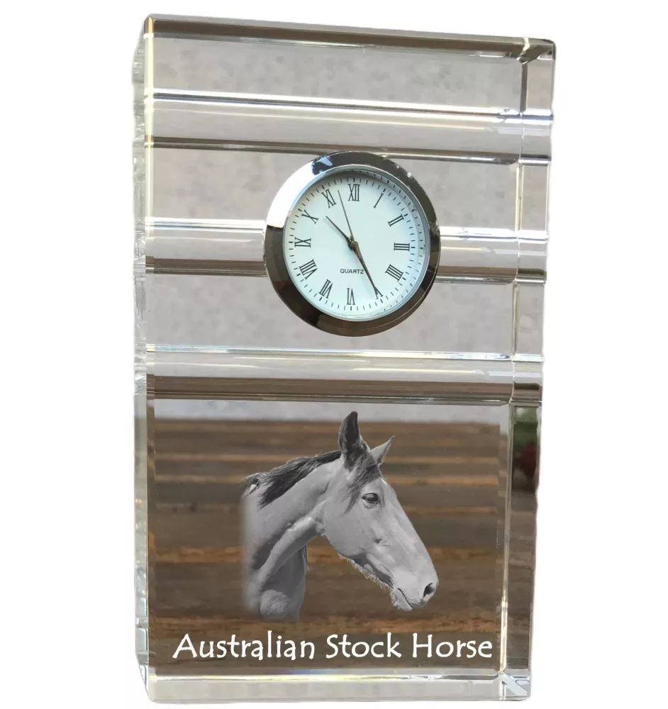 Australian Stock Horse - glass clock with a photo, photo of a horse in crystal, personalized standing office clock by Art-Dog brand