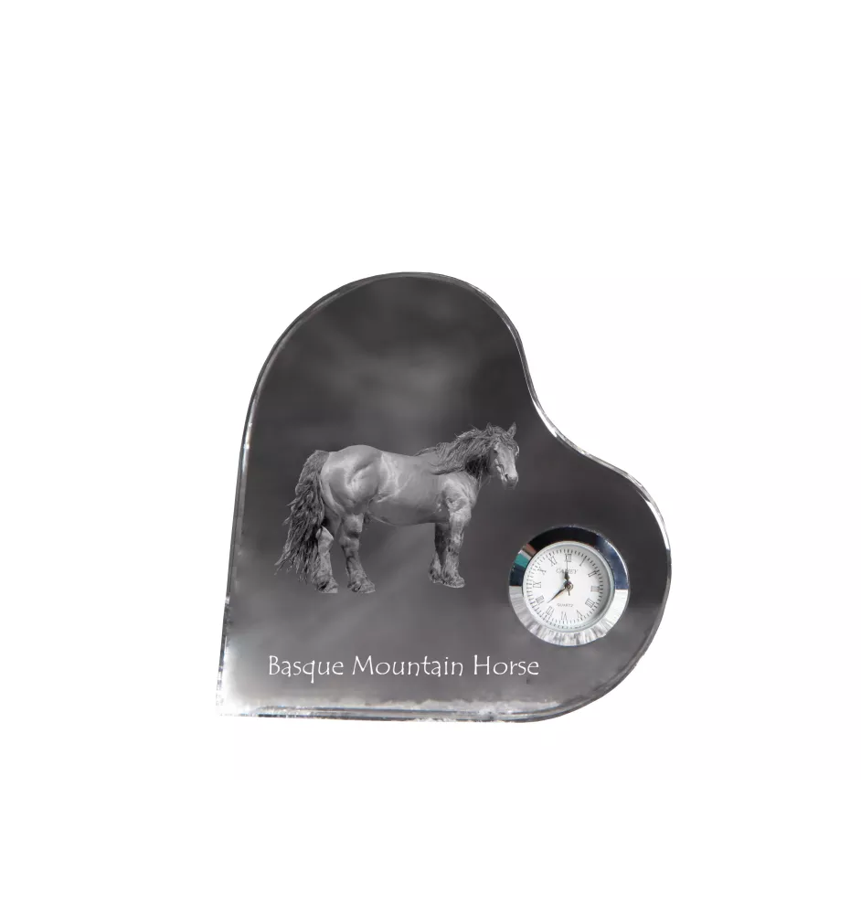 Basque Mountain Horse - crystal clock with a picture of a horse, heart-shaped shelf clock, personalized standing clock by Art-Dog brand