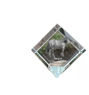 Basque Mountain Horse - crystal cube with a horse picture, horse picture in crystal, cubic paperweight from Art-Dog brand