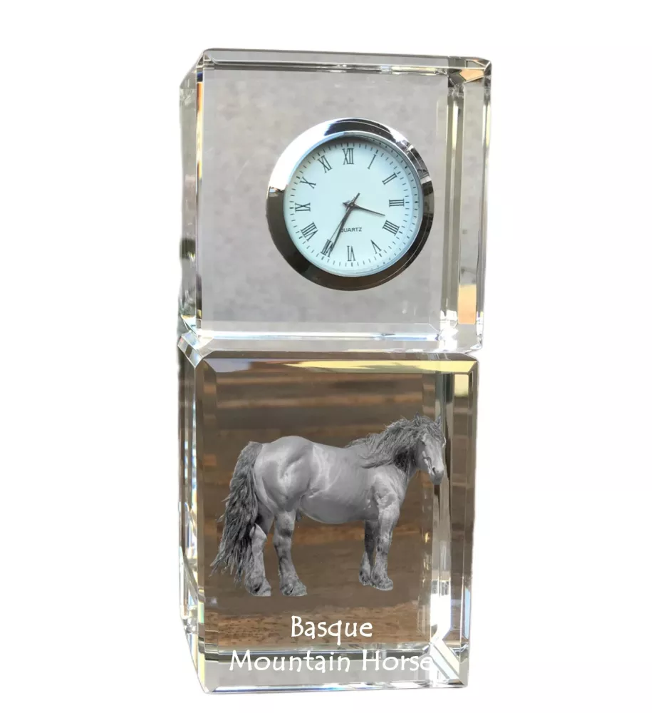 Cheval de montagne basque - montre en cristal avec photo, photo de cheval dans le cristal, horloge de bureau personnalisée de la marque Art-Dog